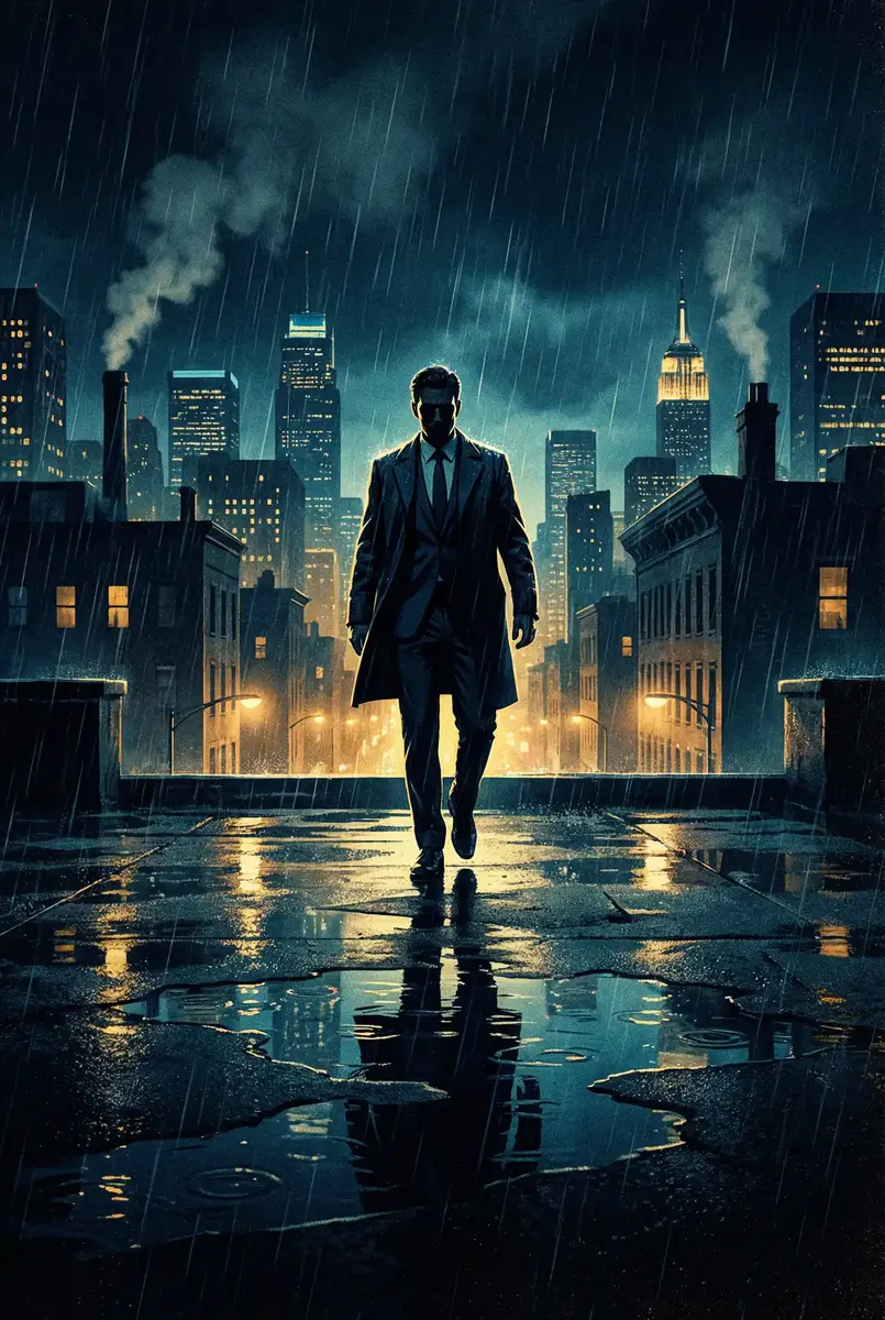 玖玖玖影院 出品影片《雨夜独行者》海报，雨中城市屋顶男性剪影